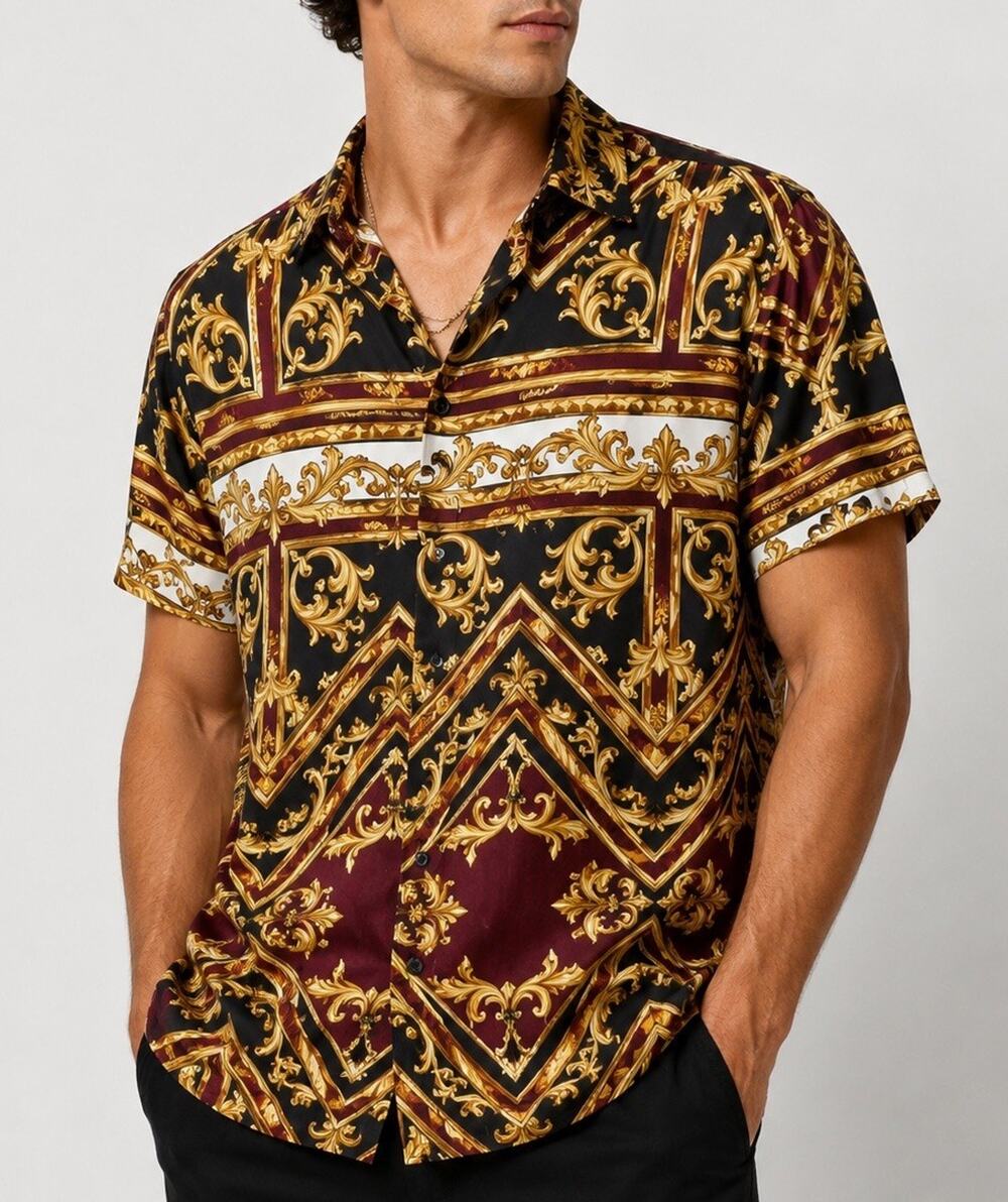 GUESS Men’s Baroque Print Shirt M Gold Burgundy Black Short Sleeve Viscose